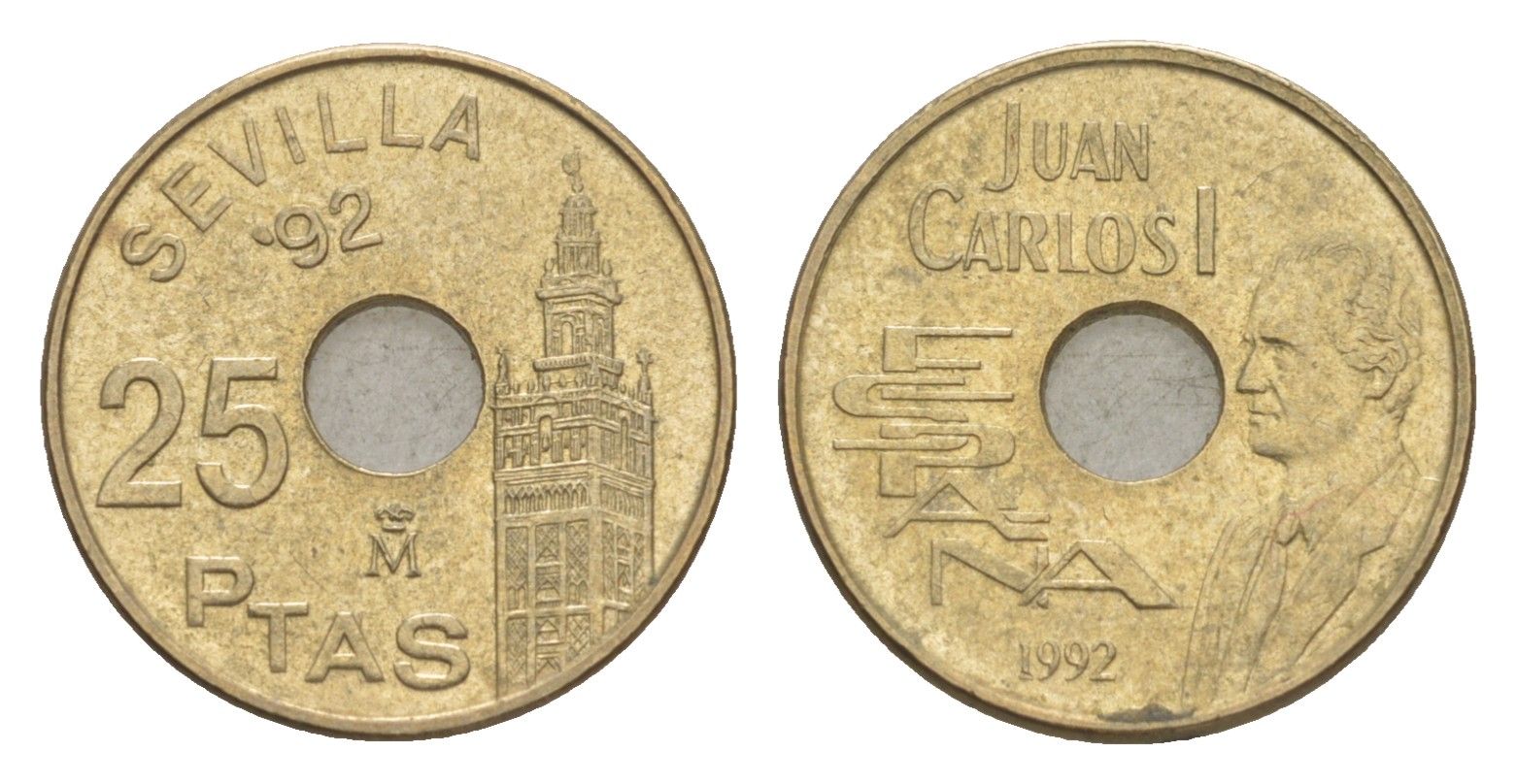 Испания 25 песет 1992 Expo'92 Sevilla, Король Хуан Карлос I KM 904 алюминиевая бронза 4623-1263