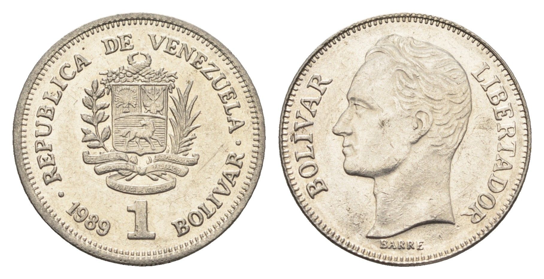 Венесуэла 1 боливар 1989 Симон Боливар, тонкий шрифт Y 52a.1 сталь плакированная никелем 4662-832