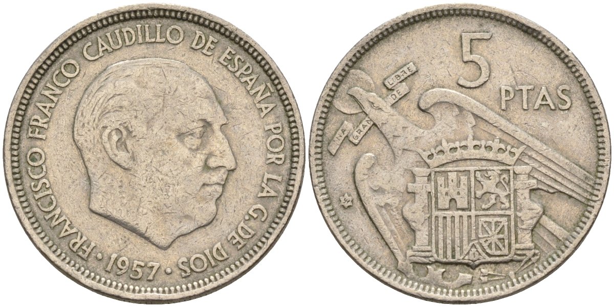 Испания 5 песет 1957 (59) Франсиско Франко (1939 - 1975) KM 786 медно-никель 4155-527