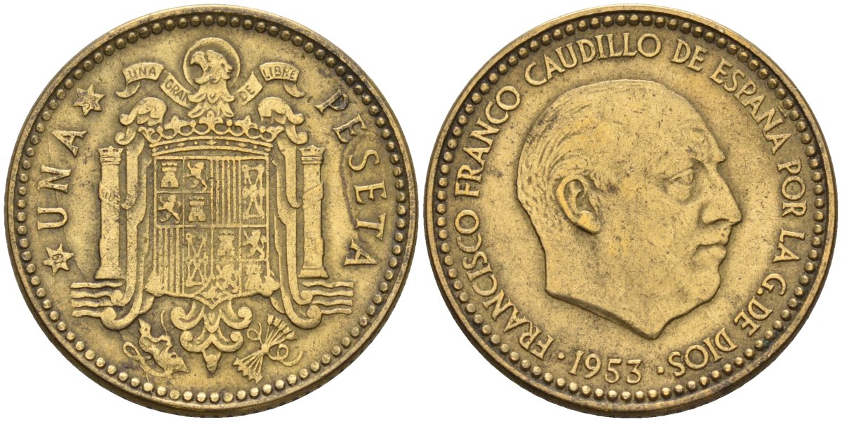 Испания 1 песета 1953 (56) Франсиско Франко (1939-1975) KM 775 алюминиевая бронза 3336-153
