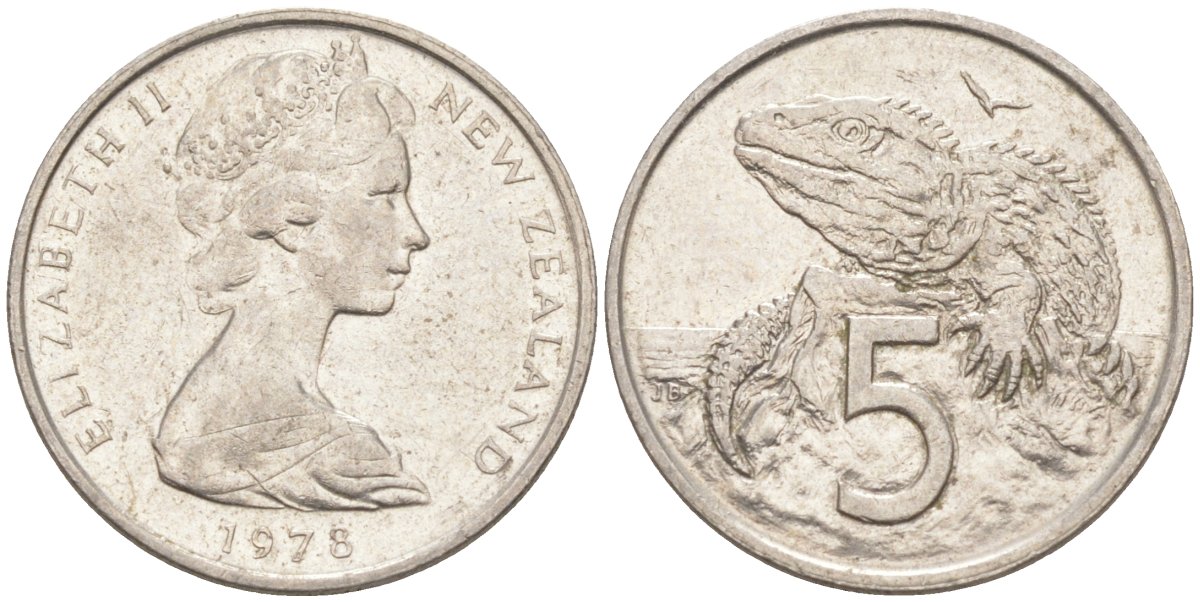 Новая Зеландия 5 центов 1978 Елизавета II (1952-2022), ящерица гаттерия KM 34.1 медно-никель 186-527