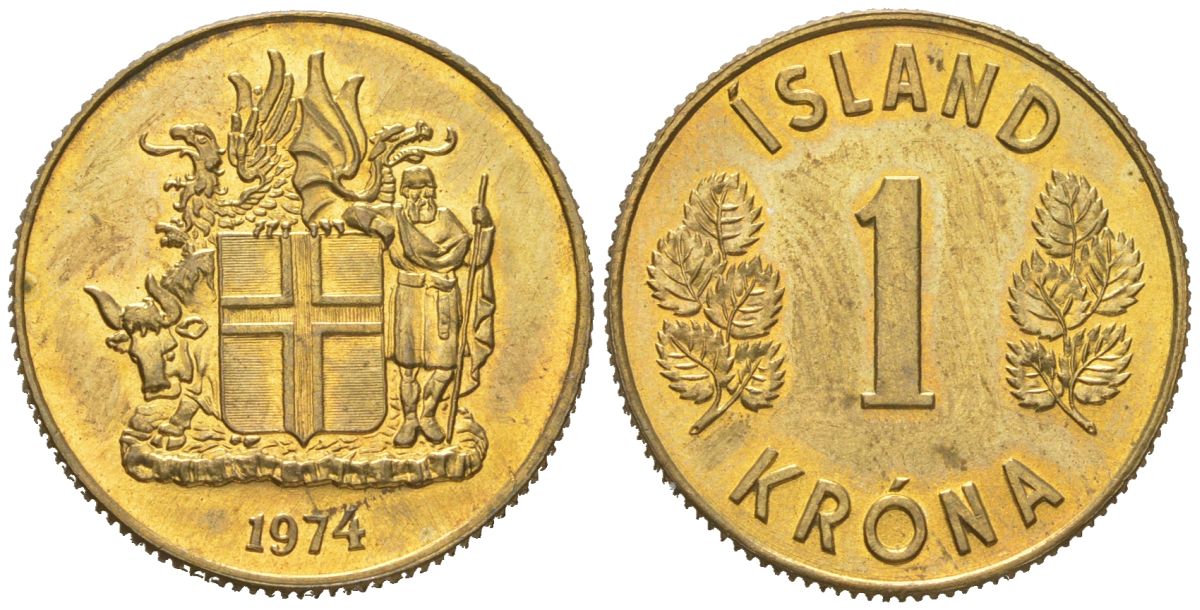 Исландия 1 крона 1974 KM 12a никель латунь aUNC 4169-1138