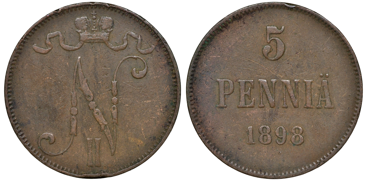 Россия для Финляндии 5 пенни 1898 Николай II (1894-1917) KM 15, Биткин 443 медь 51-945