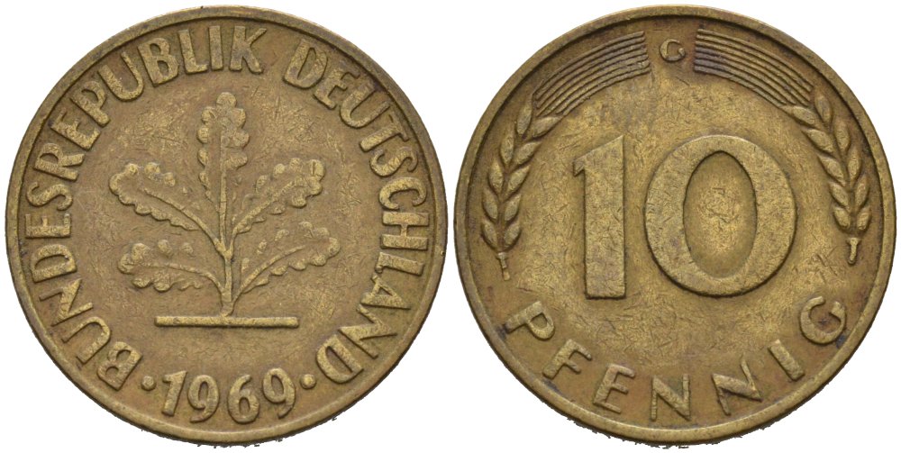 ФРГ 10 ПФЕННИГОВ 1969 G KM 103, J. 378 сталь плакированная латунью 94-1027
