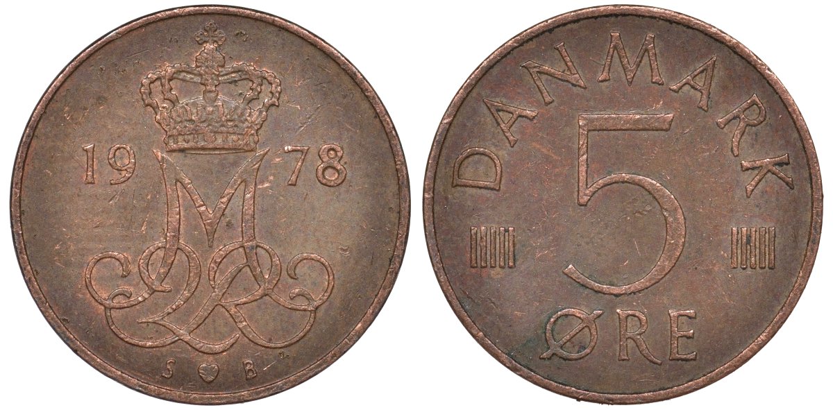 Дания 5 эре 1978 Маргрете II (1972- ) KM 859 железо плакированное медью 4124-631