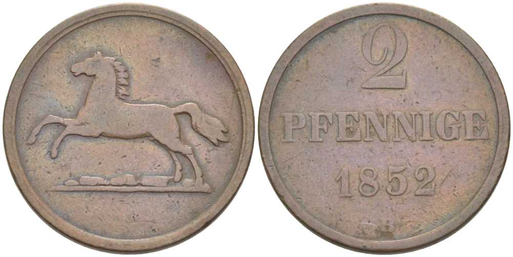 БРАУНШВЕЙГ-ВОЛЬФЕНБЮТТЕЛЬ 2 ПФЕННИГА 1852 В, ВИЛЬГЕЛЬМ (1831-1884) KM 1143 медь 210-153