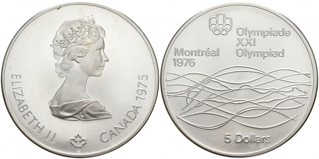 Канада 5 долларов 1975 XXI летние Олимпийские игры в Монреале 1976 года, плавание KM 100 серебро UNC 00-00-00
