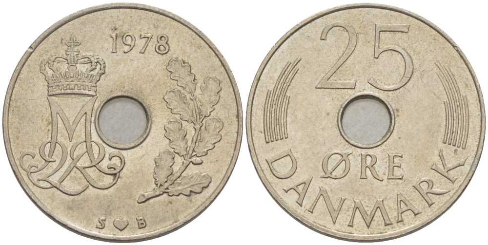 ДАНИЯ 25 ЭРЕ 1978 S; B, МАРГРЕТЕ II (1972-) KM 861.1 медно-никель 94-744