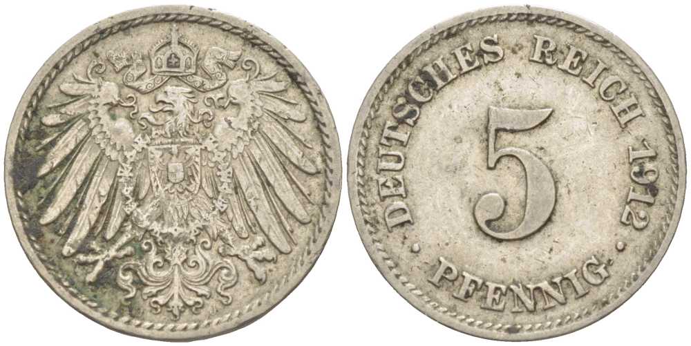 ГЕРМАНИЯ 5 ПФЕННИГОВ 1912 J KM 11, J. 12 медно-никель 105-158