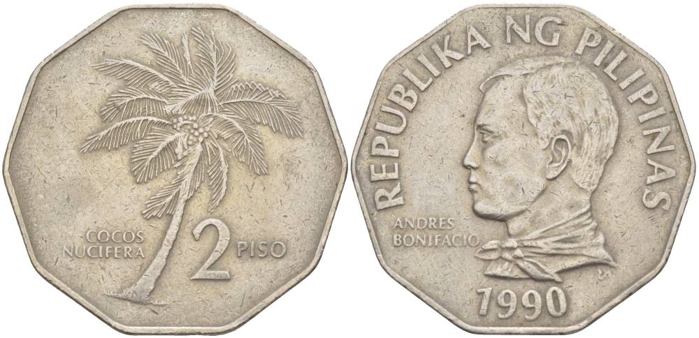 ФИЛИППИНЫ 2 ПИСО 1990 КОКОСОВАЯ ПАЛЬМА, АНДРЕС БОНИФАСИО KM 244 медно-никель 4542-915