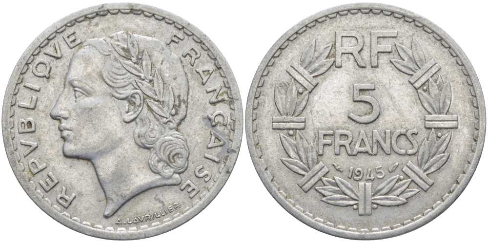 ФРАНЦИЯ 5 ФРАНКОВ 1945 9 ОТКРЫТАЯ KM 888b.1, LE FRANC 339.3 алюминий 111-1123
