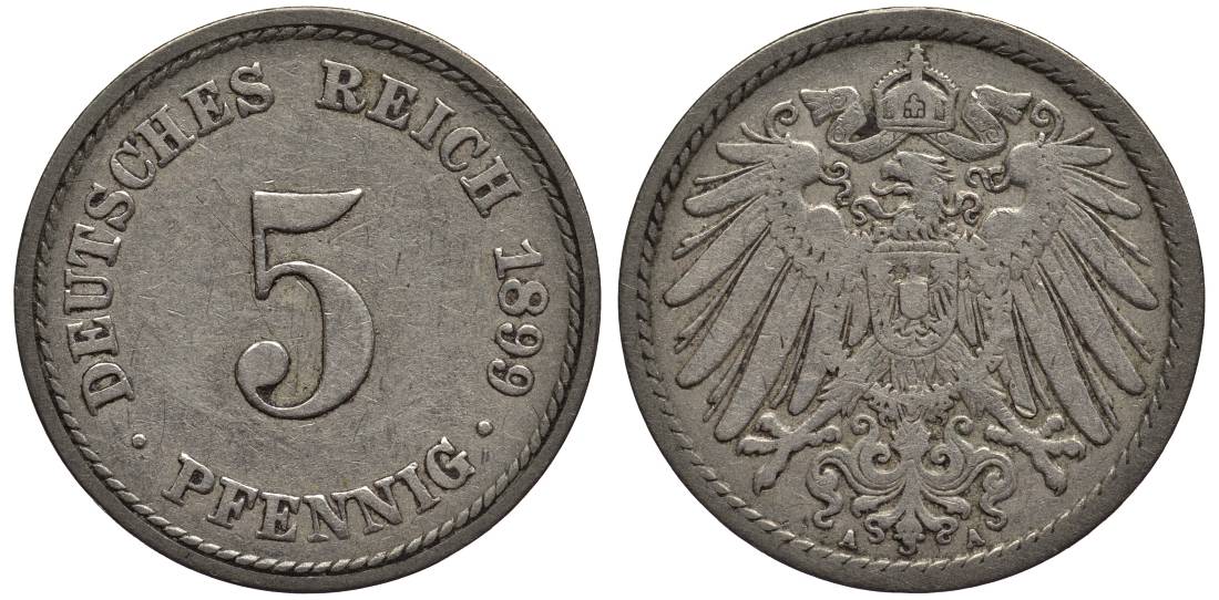 ГЕРМАНИЯ 5 ПФЕННИГОВ 1899 A KM 11, Jager 12, Weege 6 медно-никель 4547-363