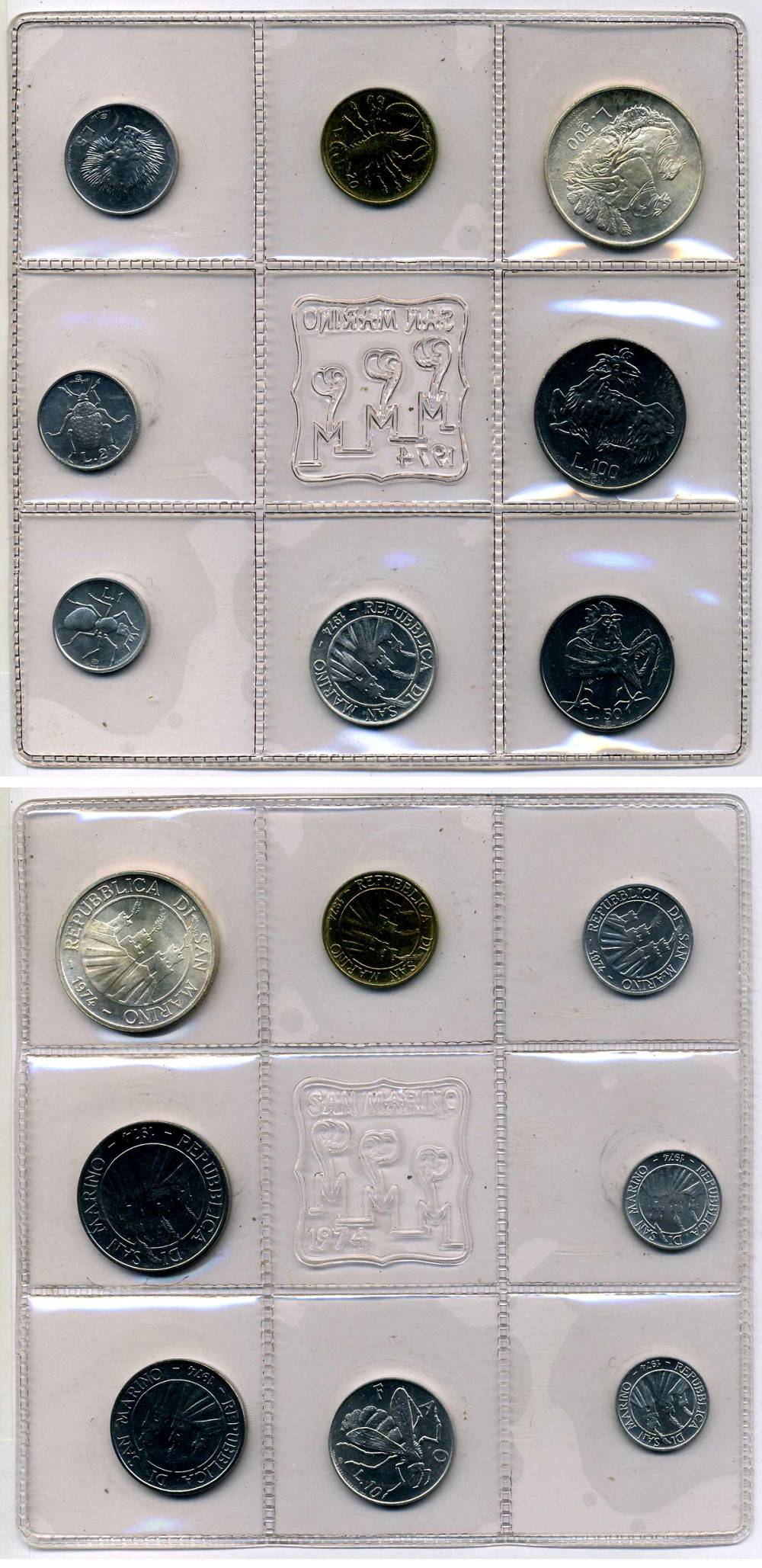 Сан-Марино годовой набор из 8 монет 1974 1, 2, 5, 10, 20, 50, 100 и 500 лир два стилизованных голубя KM 30-37, в оригинальной пластиковой запайке серебро KM MS3 серебро UNC 3-4-5-33