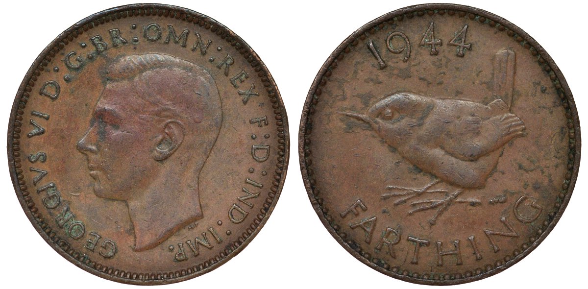 Великобритания 1 фартинг 1944 Георг VI (1936-1952) KM 843, Spink 4116 бронза 4128-913