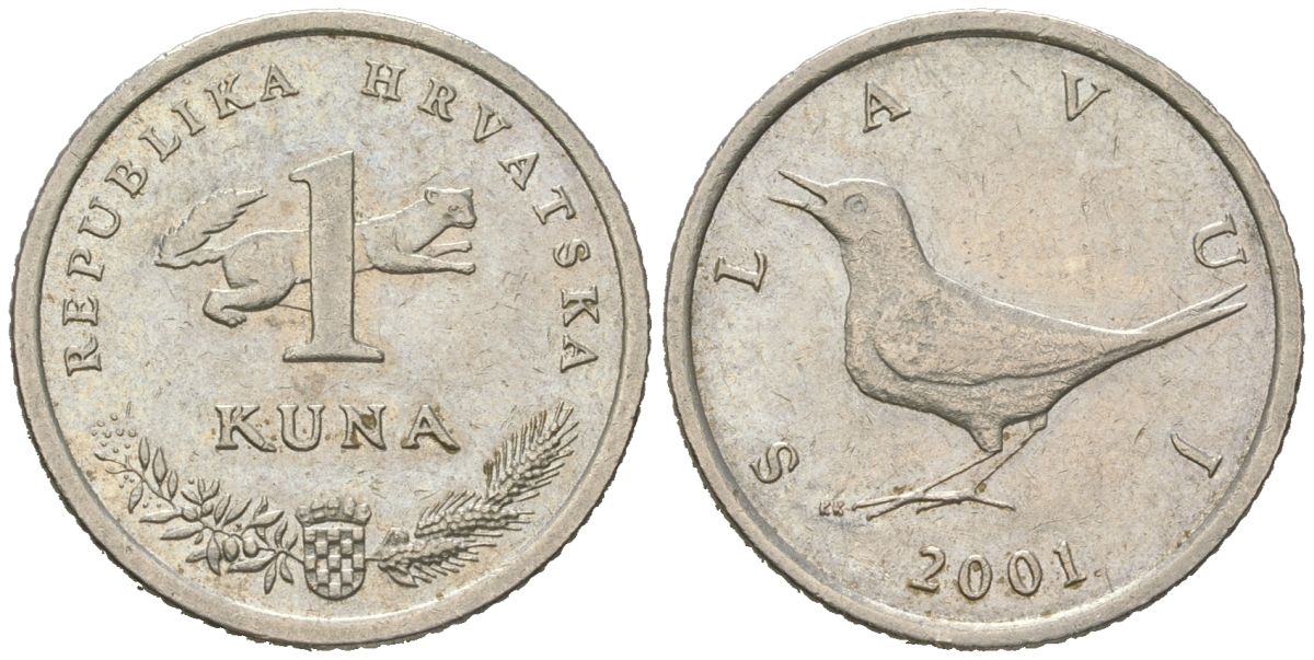 Хорватия 1 куна 2001 западный соловей, легенда на хорватском KM 9.1 медь цинк никель 4448-716