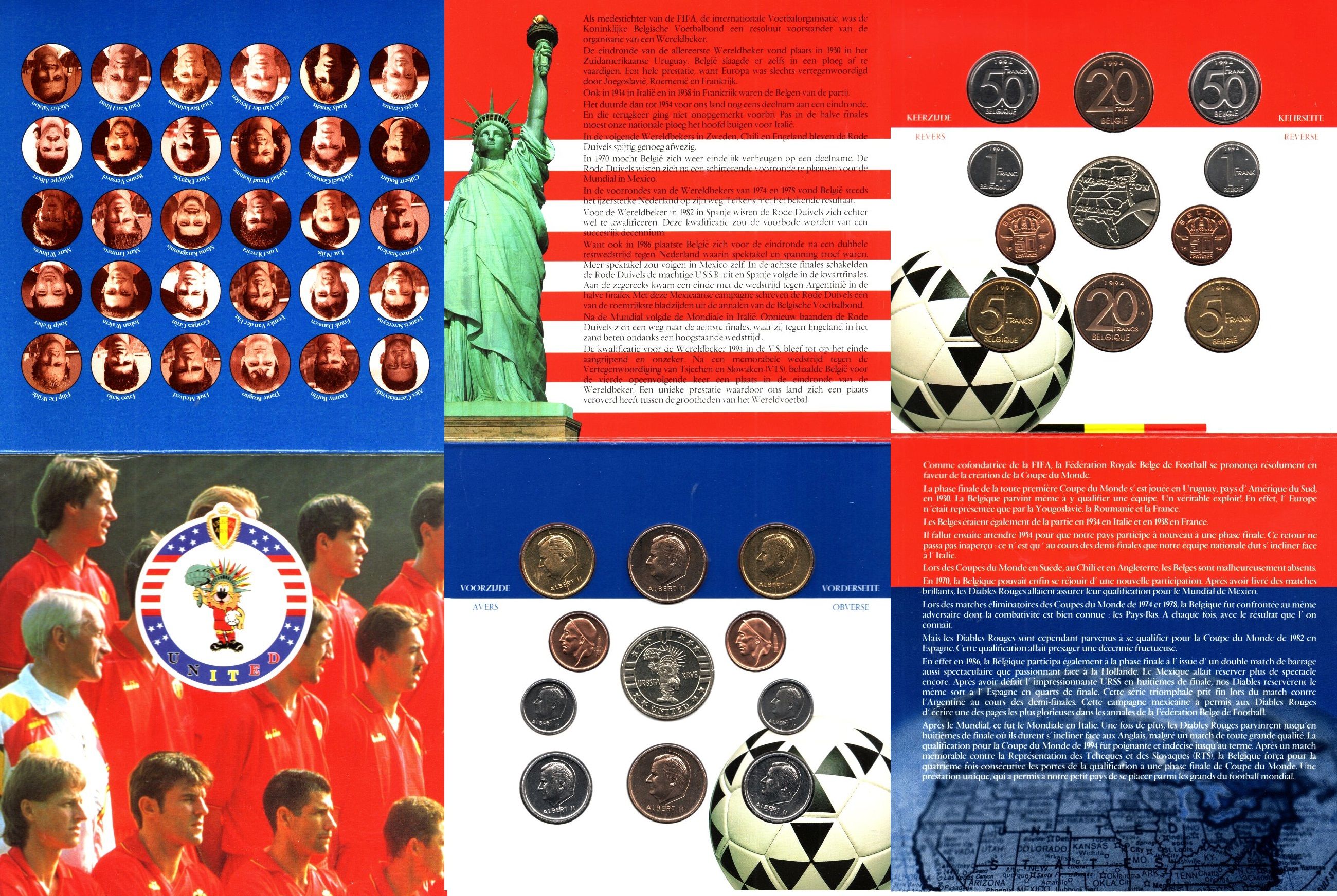 Бельгия годовой набор из 10 монет (50 сантмов; 1, 5, 20 и 50 франков) и жетон 1994 чемпионат мира по футболу 1994 года В США, в оригинальной упаковке KM MS7 (148.1, 149.1, 187, 188, 189, 190, 191, 192, 193 и 194) BU 8-2-05-50