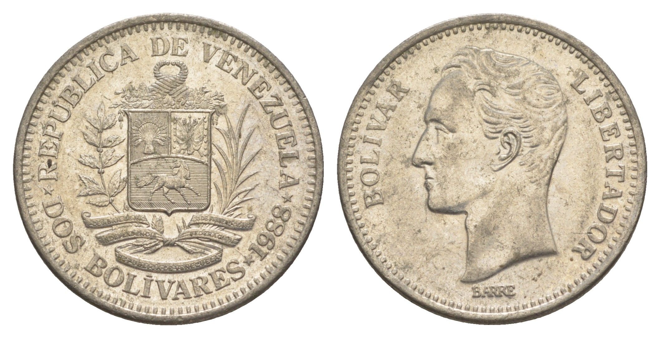 Венесуэла 2 боливара 1988 Симон Боливар Y 43 никель 4599-1042