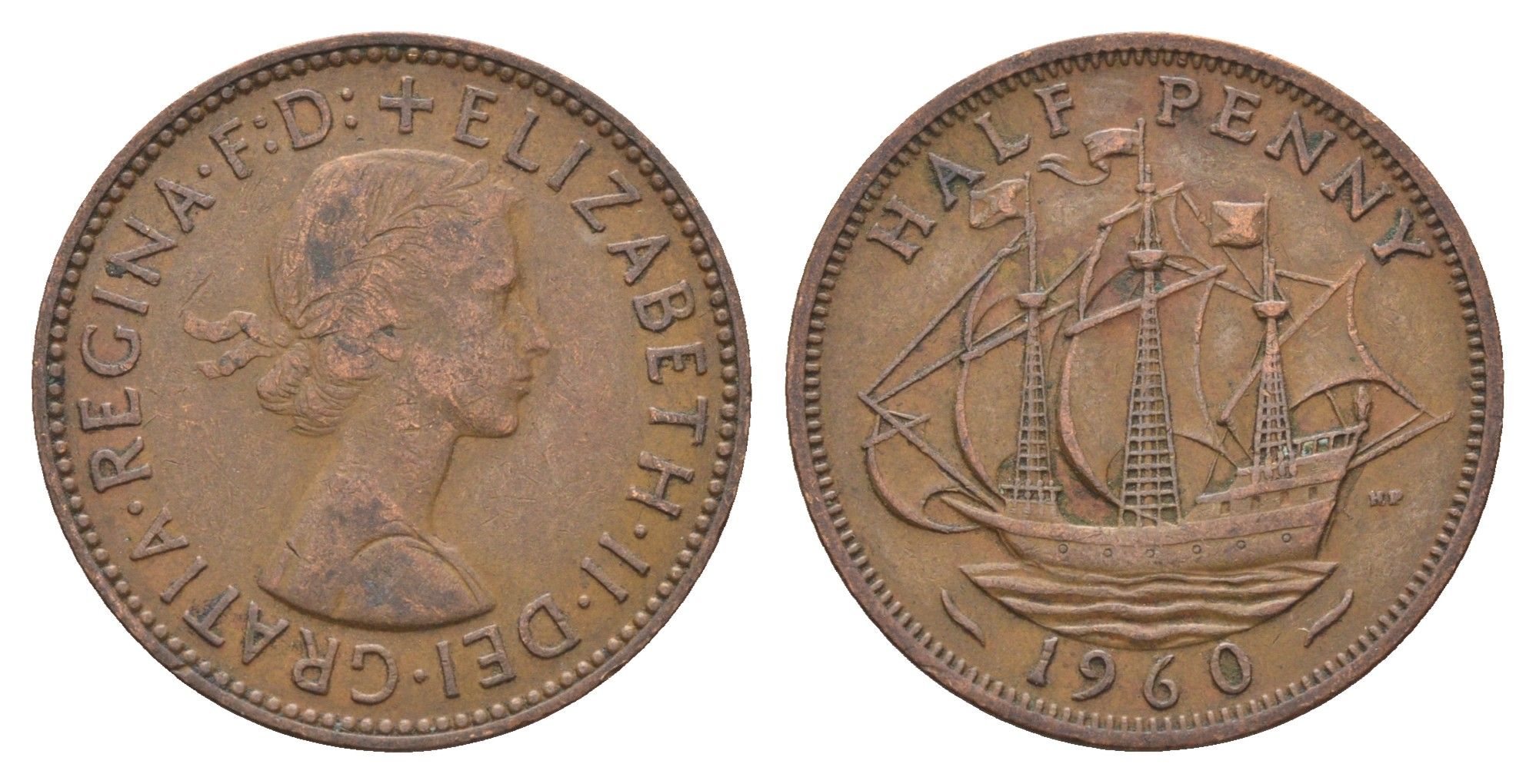 Великобритания 1/2 пенни 1960 Елизавета II (1952-2022) KM 896, Spink 4158 бронза 4662-1211