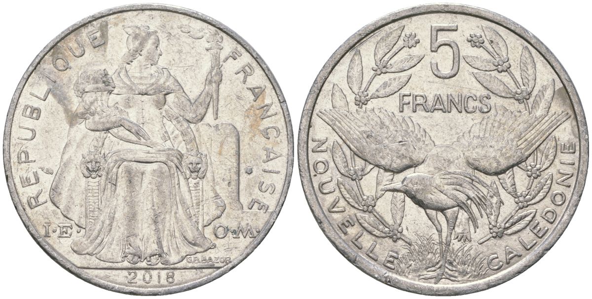 Французская Новая Каледония 5 франков 2018 птица кагу, (IEOM) KM 16, Schoen 12, Lec 81k алюминий 4120-132