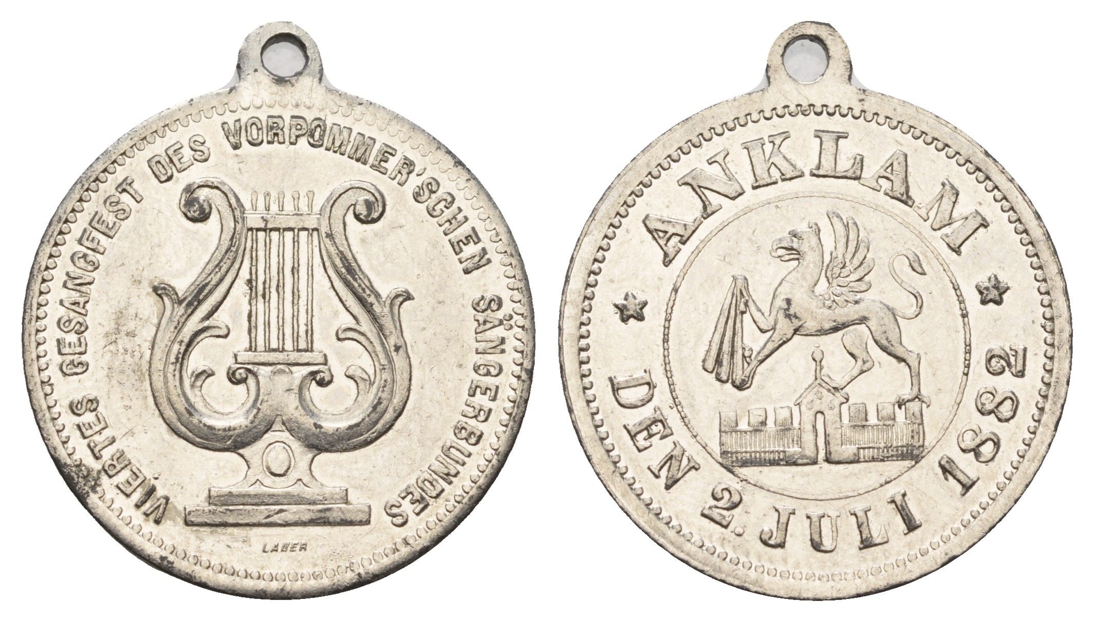 Германия медаль в память о певческом фестивале в Анкламе 1882 музыка, лира, диаметр 27 мм, вес 5,8 гр белый металл 1515-1235