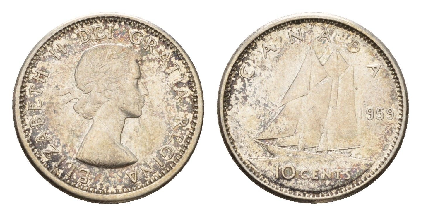 Канада 10 центов 1959 парусник, Елизавета II (1952-2022) KM 51 серебро 4669-638