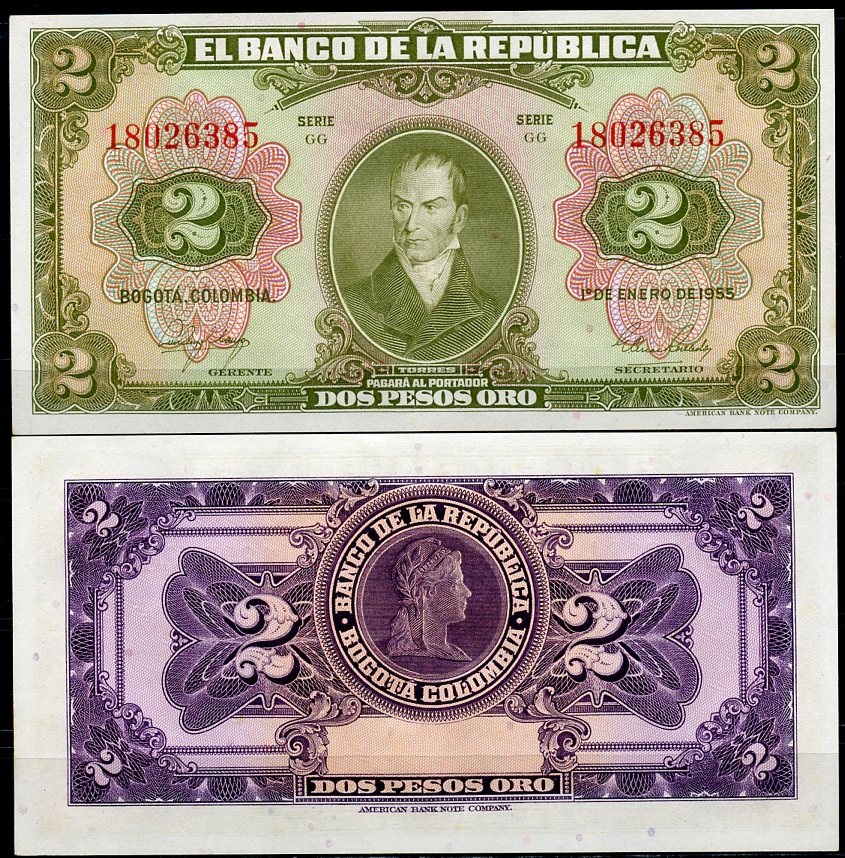 Колумбия 2 песо 1955 Камило Торрес Тенорио, свобода Pick 390 d  бумага  UNC (пресс) 451-803-1