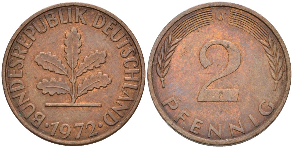 ФРГ 2 ПФЕННИГА 1972 J KM 106а, J.381а сталь плакированная медью 4567-912