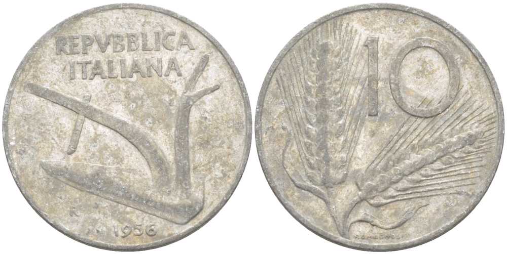 ИТАЛИЯ 10 ЛИР 1956 R, ПЛУГ, КОЛОСЬЯ KM 93 алюминий 175-413
