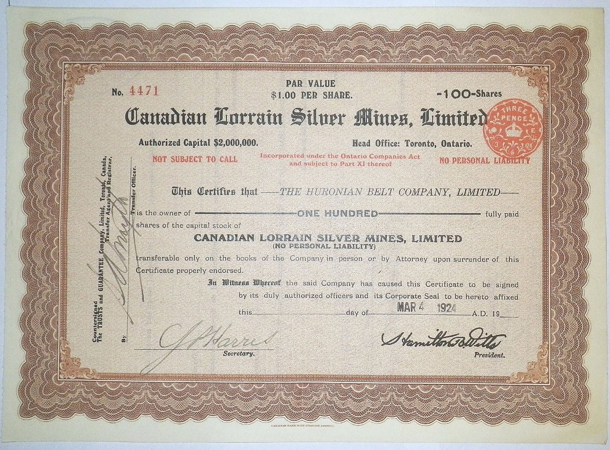 Канада, Canadian Lorrain Silver Mines, Limited 100 акций 1924 Торонто бумага 81-96