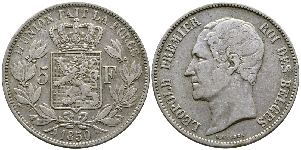 Бельгия 5 франков 1850 Леопольд I (1831-1865) KM 17 серебро 74-1135