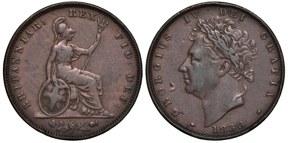 Великобритания 1 фартинг 1830 Георг IV (1820-1830) KM 697, Spink 3825 медь 603-343