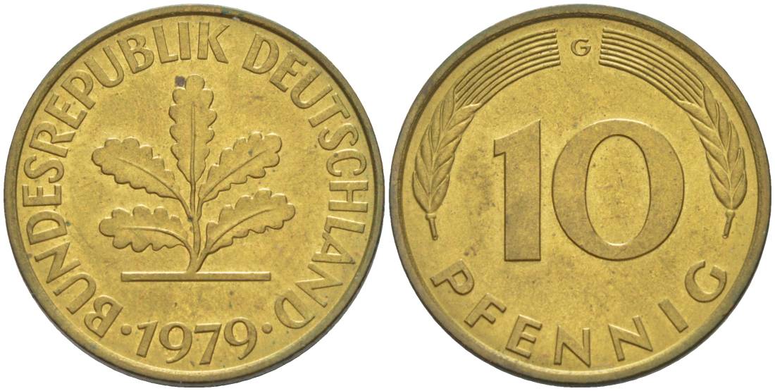 ФРГ 10 ПФЕННИГОВ 1979 G KM 108, J. 383 сталь плакированная латунью 219-527