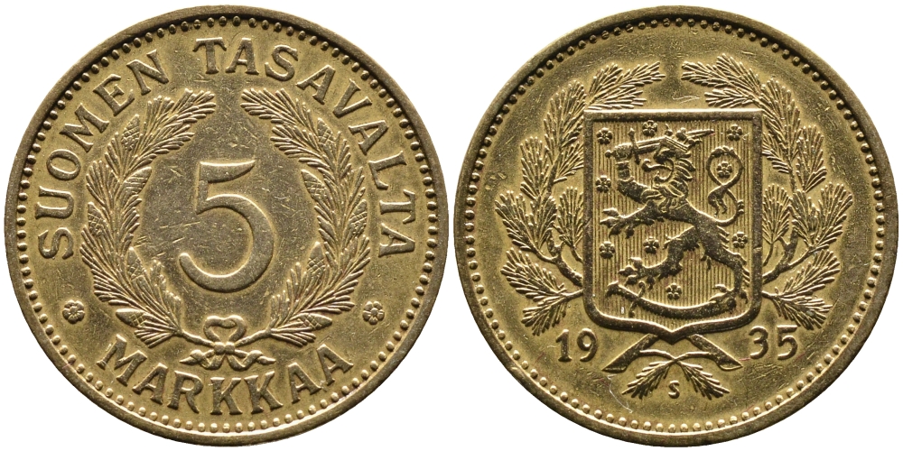 ФИНЛЯНДИЯ 5 МАРОК 1935 S KM 31 алюминиевая бронза 4388-1041