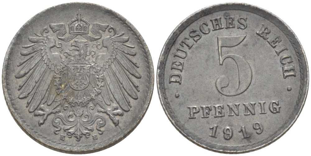ГЕРМАНИЯ 5 ПФЕННИГОВ 1919 E KM 19, J. 297, Weege 5 железо 206-723