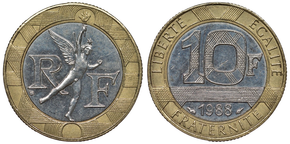 Франция 10 франков 1988 тип гений Бастилии KM 964.1, Le Franc 375.2 биметалл 4128-512
