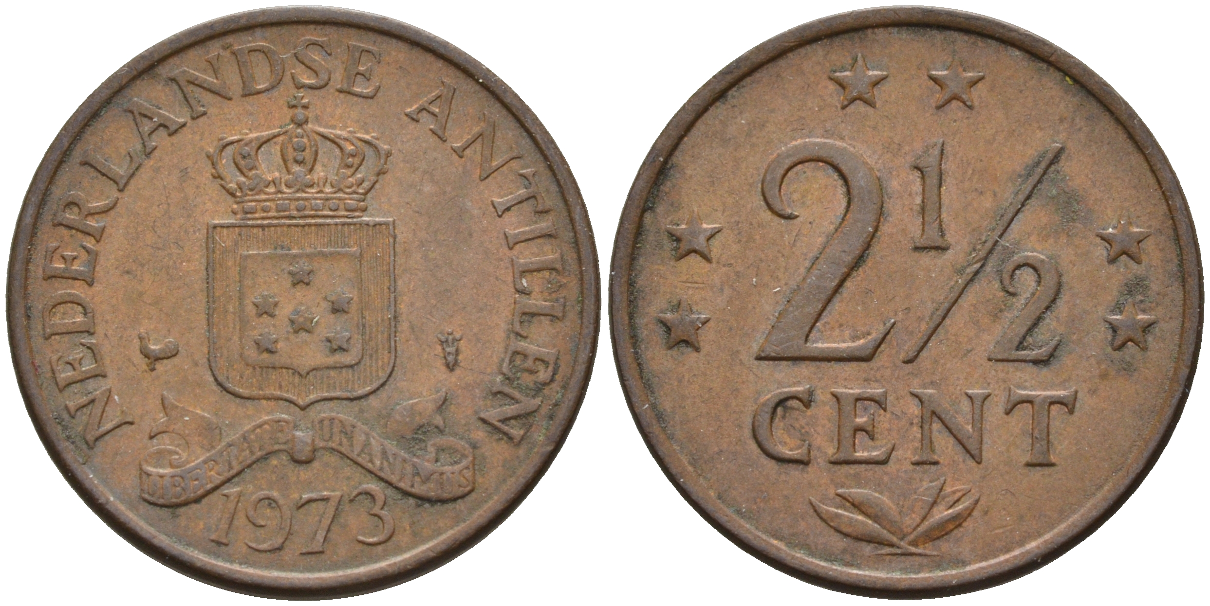 Нидерландские Антилы 2 1/2 цента 1973 Юлиана (1948-1980) KM 9 бронза 4595-415