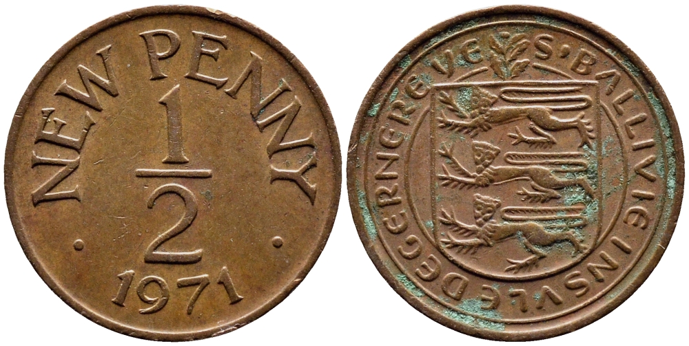 Гернси 1/2 пенни 1971 Елизавета II (1952-2022), герб KM 20 бронза 58-159