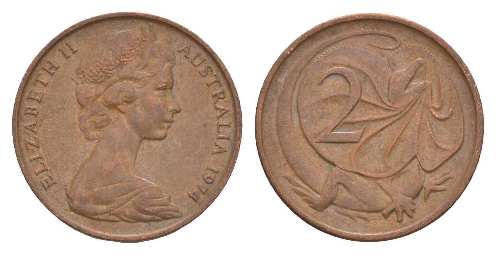 Австралия 2 цента 1974 Елизавета II (1952-2022), плащеносная ящерица KM 63 бронза 4580-463