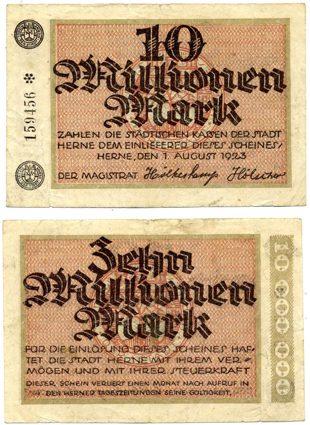 ХЕРНЕ 10000000 марок (10 миллионов) 1923 1 августа 1923, нотгельд, земля Северный Рейн-Вестфалия, серия *, серия ЧЁРНАЯ Keller 2339b бумага 2193-28-3-1