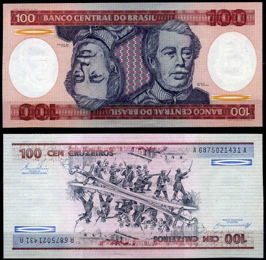 Бразилия 100 крузейро 1981 подпись 21, серия А 6875, Герцог Каксиас Pick 198 b бумага UNC (пресс) 2197-47-3-2