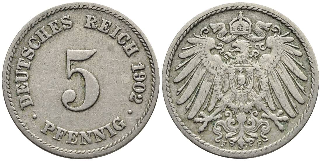 ГЕРМАНИЯ 5 ПФЕННИГОВ 1902 F KM 11, Jager 12, Weege 6 медно-никель 4547-426