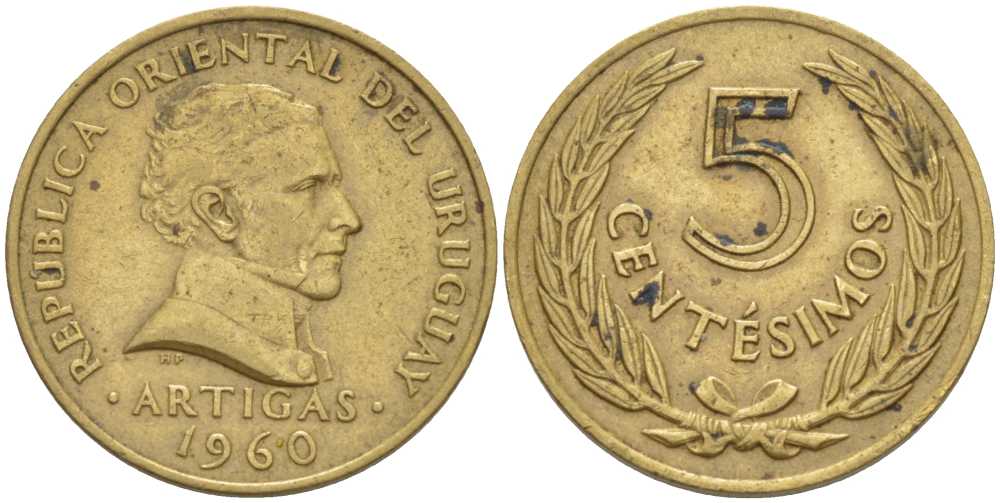 УРУГВАЙ 5 СЕНТЕСИМО 1960 ХОСЕ ХЕРВАСИО АРТИГАС KM 38 никель латунь 105-764