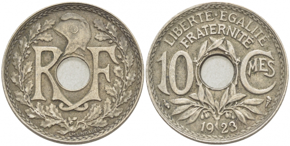 ФРАНЦИЯ 10 САНТИМОВ 1923 ТИП ЛИНДАЙЁ KM 866а медно-никель 4402-745