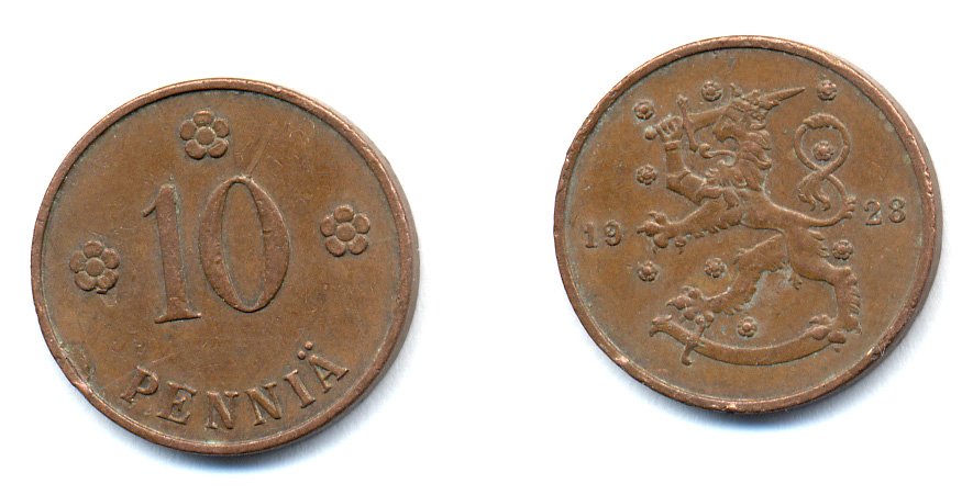 Финляндия 10 пенни 1928 республика (1918-1962) KM 24 медь 46-1631