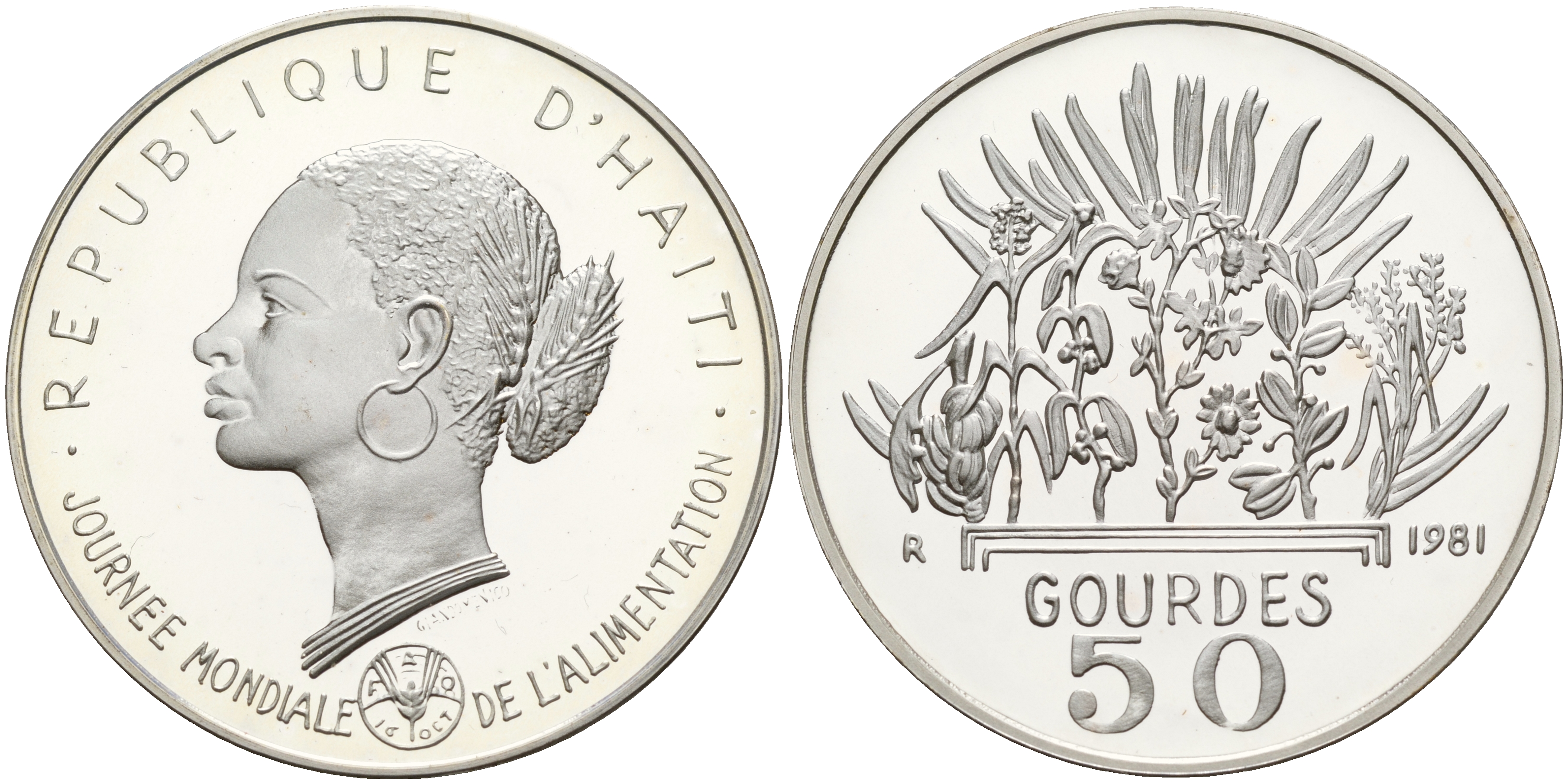 Гаити 50 гурдов 1981 50 лет FAO, голова женщины KM 149 серебро PROOF 1066-1-24