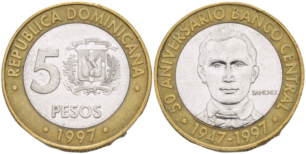 Доминиканская республика 5 песо 1997 50 лет центральному банку KM 88 биметалл 4541-1112