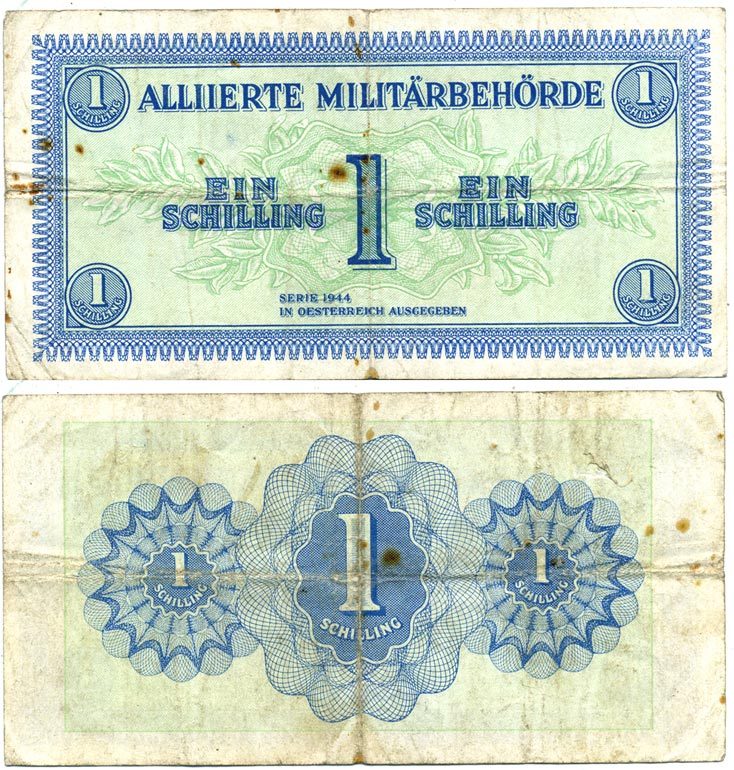 АВСТРИЯ 1 ШИЛЛИНГ 1944 ОККУПАЦИЯ СОЮЗНИКОВ, ВТОРАЯ МИРОВАЯ ВОЙНА, БЕЗ ВОДНЫХ ЗНАКОВ Pick 103a бумага 3295-5-2-2