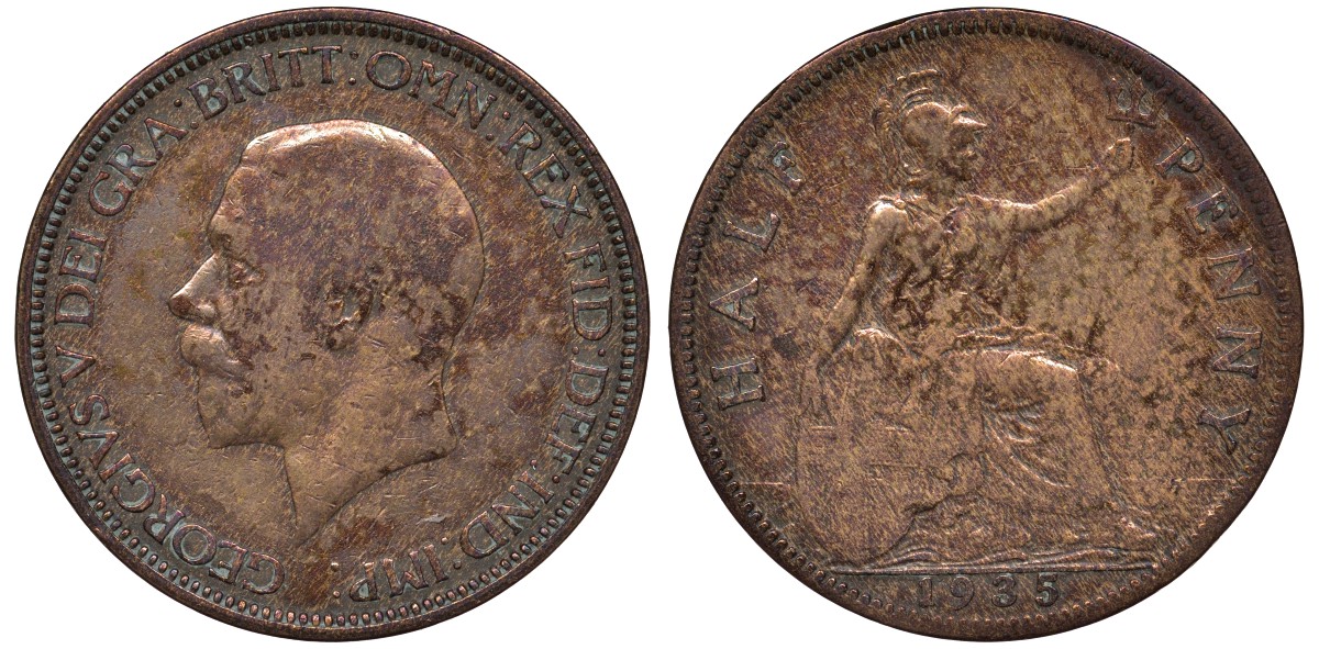 Великобритания 1/2 пенни 1935 Георг V (1910-1936) KM 837, Spink 4058 бронза 4122-745