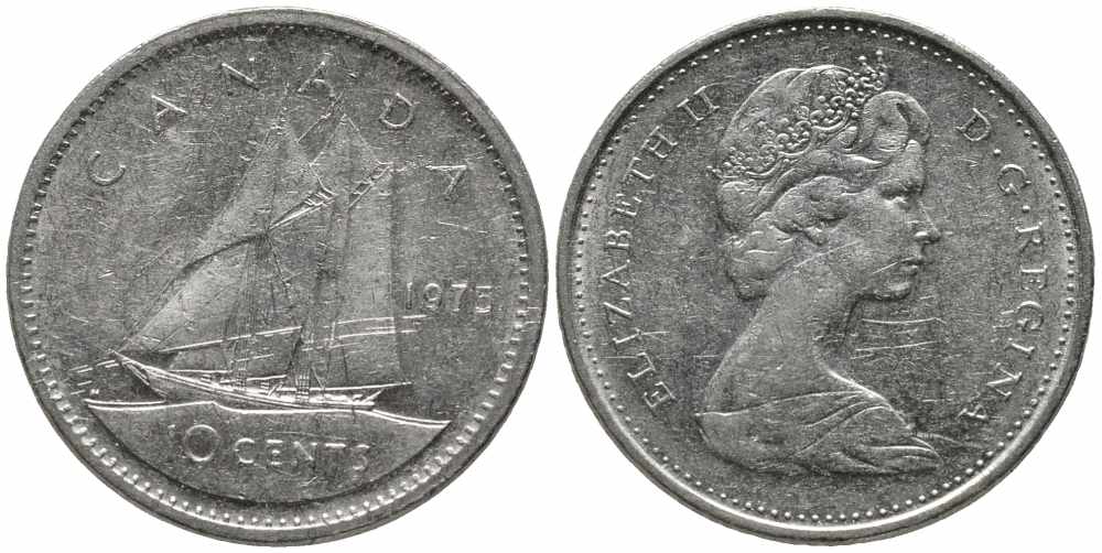 Канада 10 центов 1975 Елизавета II (1952-2022), парусник KM 77.1 никель 112-435