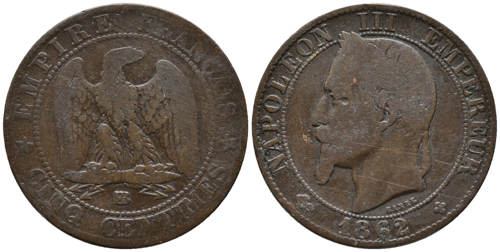 ФРАНЦИЯ 5 САНТИМОВ 1862 ВВ, НАПОЛЕОН III (1852-1870) KM 797.2, LE FRANC 117.6 бронза 67-117
